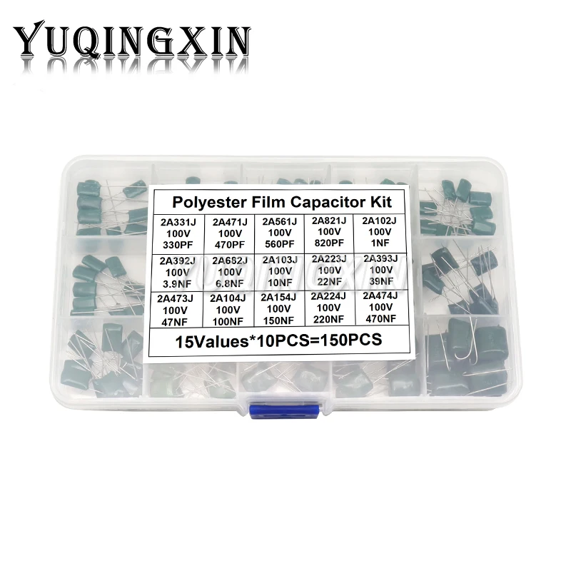 

150pcs 15Values Polyester Film Capacitor Assortment Kit with Box 2A331J 2A471J 2A102J 2A103J 2A223J 2A104J 2A154J 2A224J 2A474J