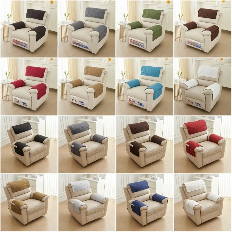 3PC Quilted Sofa Armrest Headrest Cover Set with Storage Pockets Non Slip Stretch Protector for Pets Kids Recliner Furniture