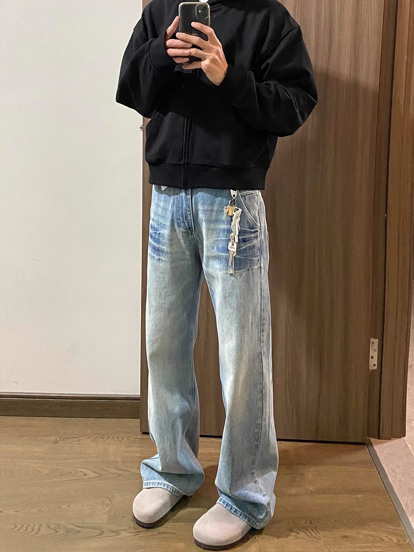 

Cleanfit Men's Denim Jeans Lightning Pattern High Street Vibe Retro Wa Straight Leg Micro Flare Knife Casual Trousers