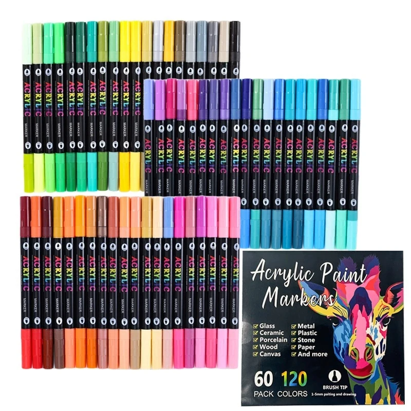 24-120 Colors Dual Tip Acrylic Paint Markers 12-60 Pack Art Markers Set Drawing Markers for DIY Crafts Making Art Supplies ﻿