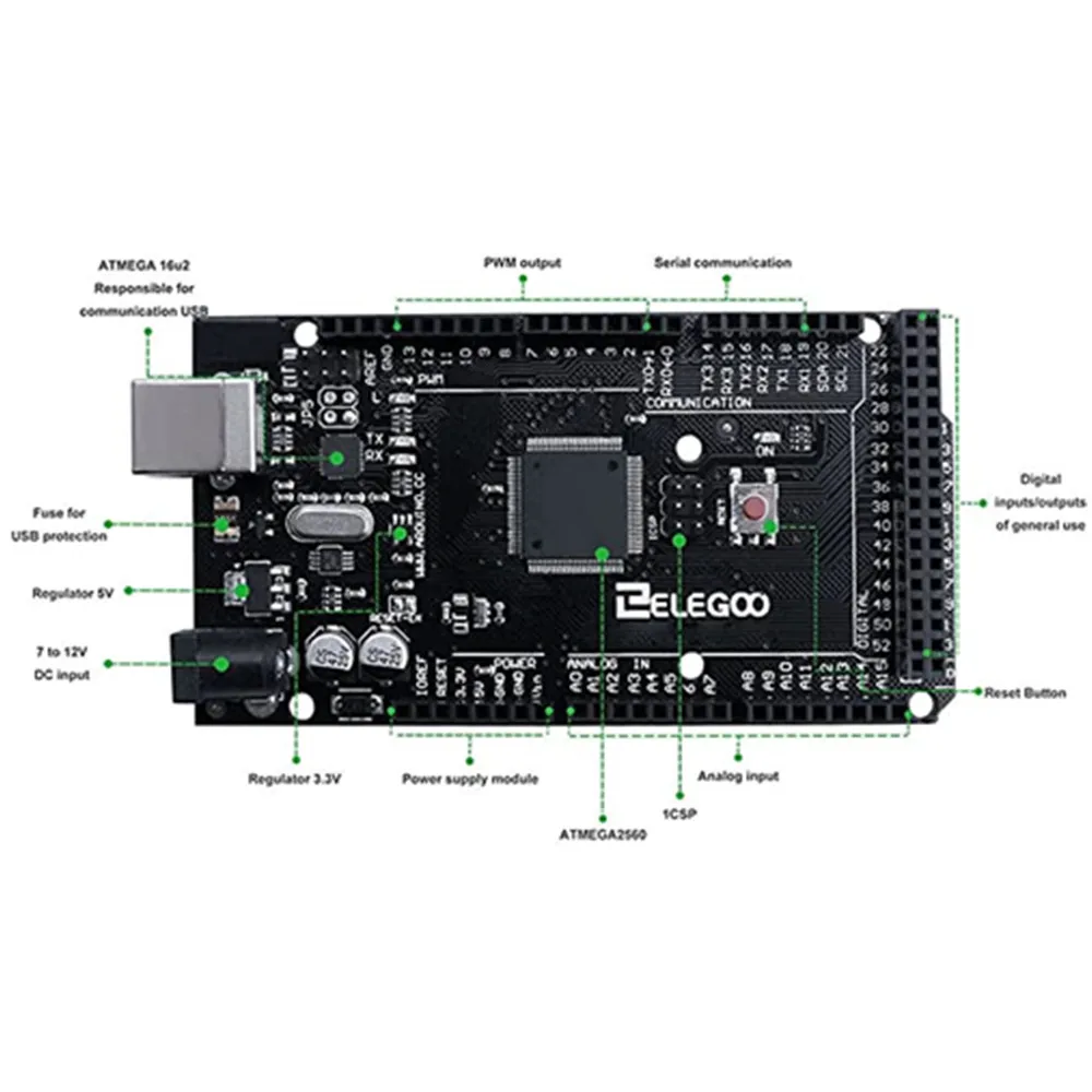 ELEGOO MEGA R3 Board ATmega 2560 + USB Cable Compatible with Arduino IDE Projects RoHS Compliant Black Blue