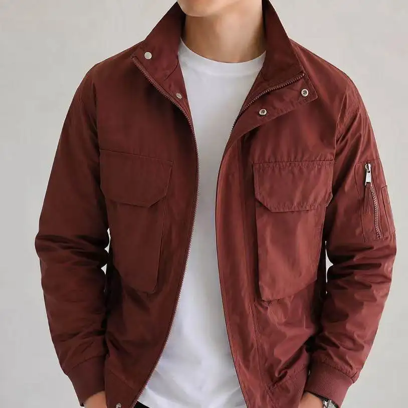 High-Quality Fashionable Men's Zipper Jacket Stand Collar Large Pocket Pure Color Versatile Trendy Outerwear