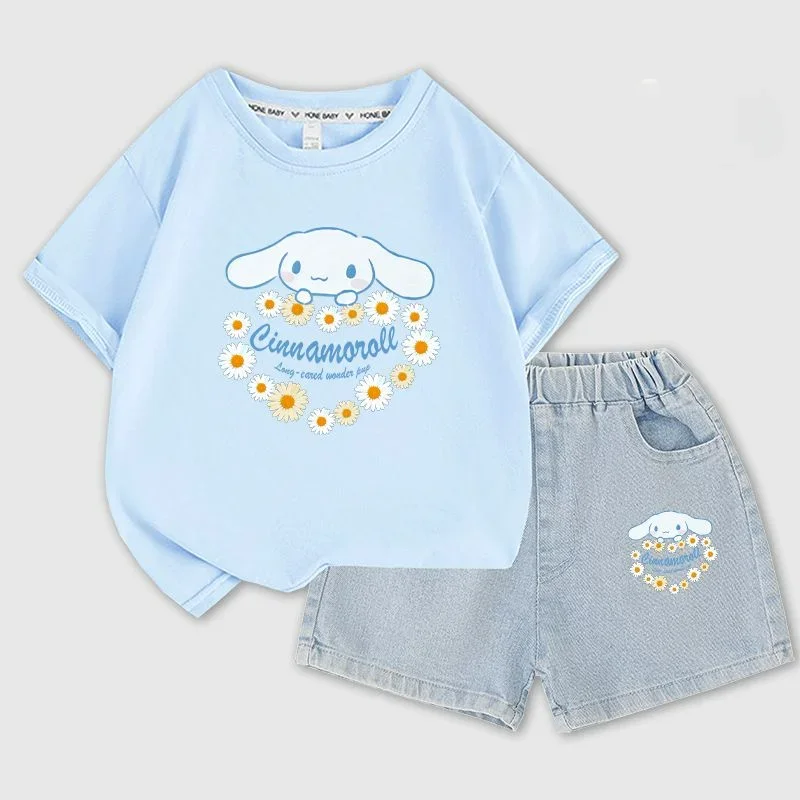 Cinnamoroll Kawaii Sanrio Anime Children's Short-sleeved Denim Shorts Suit 2023 New Summer Dress Children's Casual Clothing Gift