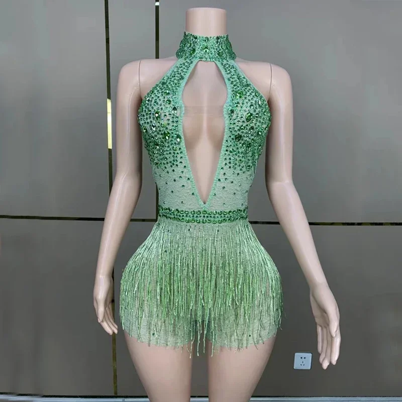 섹시한 홀터 폴댄스 의상 블랙 라인스톤 프린지 바디수트 여성 나이트클럽 DJ DS 무대 레이브 의상 XS7484