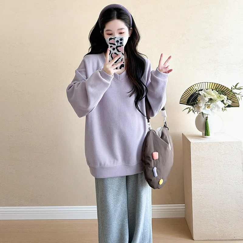 Spring Autumn Maternity Cotton Clothes Solid Color V-neck T-shirts Pregnant Women Long Sleeve Hoodie Maternity Loose Casual Tops