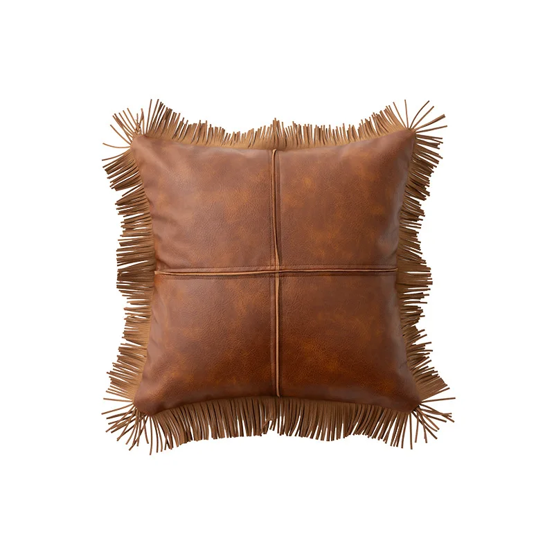 Retro Brown Wax and Oil PU Leather Cushion Cover Pillowcase Tassels Backrest Pillow Cover