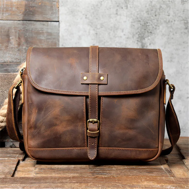 Vintage Crazy Horse Cowhide Men\'s Messenger Bag Designer High-quality Natural Genuine Leather Designer Daily Work Shoulder Bag