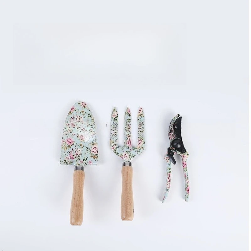 10pcs Garden Tool Set Household Planting Printed Wooden Handle Iron Shovel Rake Scissors Gardening Tools