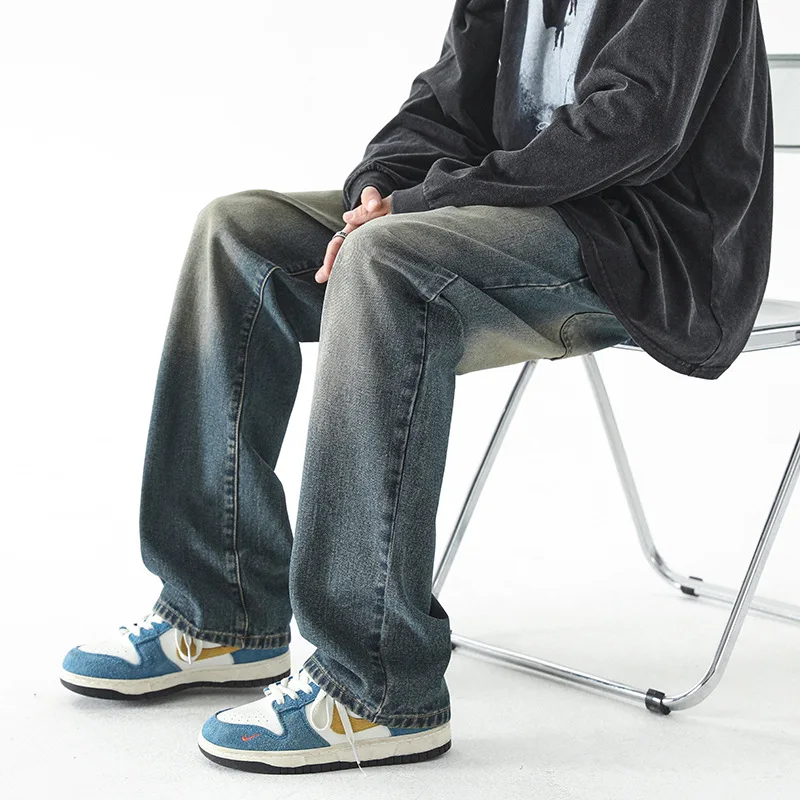 American style high street distressed washed vintage jeans men's straight tube loose pants baggy jeans men streetwear