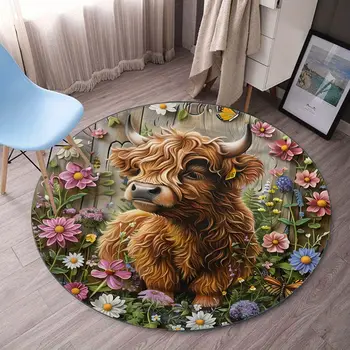 Květinová zahrada skotských kráv, kulatý křišťálový sametový koberec, venkovská farmářská zvířata, dekorativní podlahová rohožka pro bydlení, bytové dekorace, přírodní umění 10 nejlepší prodej stroj na kebab - №7