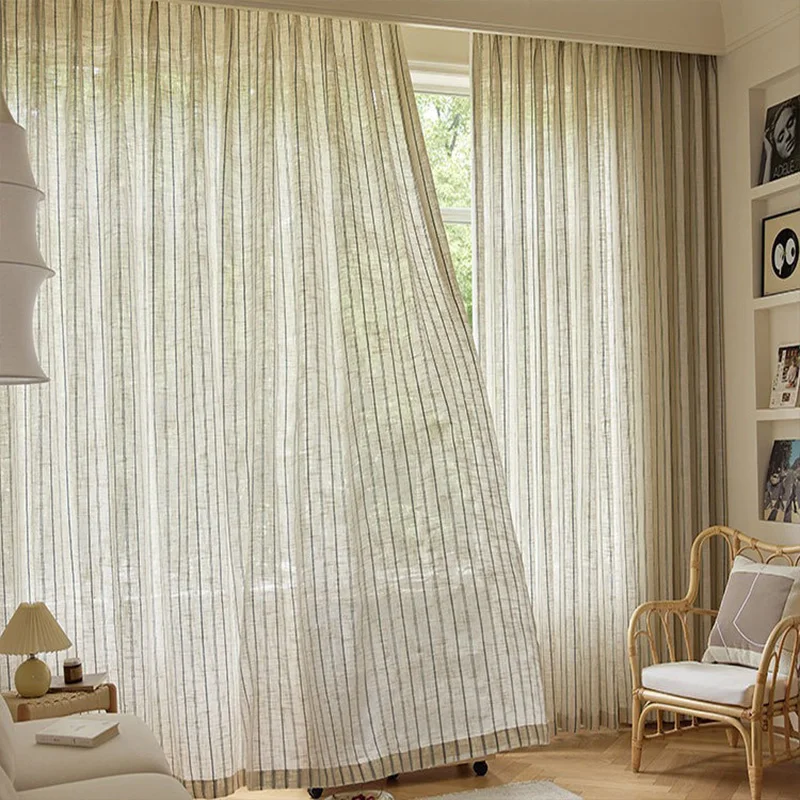Blue Striped Linen Curtains for Living Room Semi Privacy Tulle for Window Curtains Thick Sun Block Sheer Drapes Modern Panel