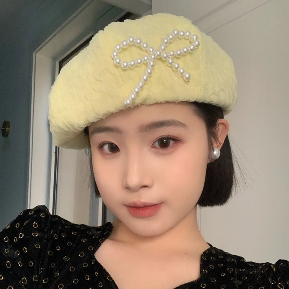 Y2K Lace Berets Cap Cotton Korean Style Pearls Bow Soft Hat Street Style Big Head Circumference Octagonal Brimless Hat Spring