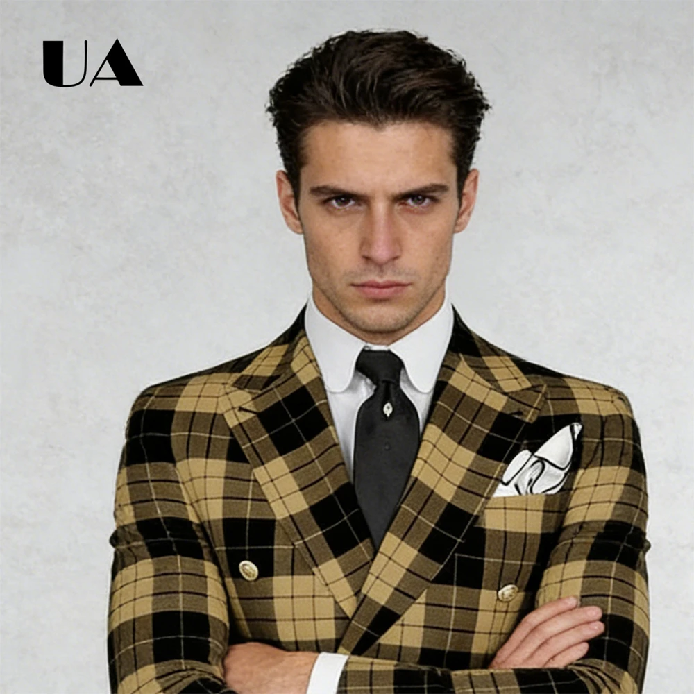 Raster Dubbele Rij Banketpak Heren Moderne Pasvorm Formele Slijtage Tweedelig Pak Set Jas Broek Diner Avondpak kledij