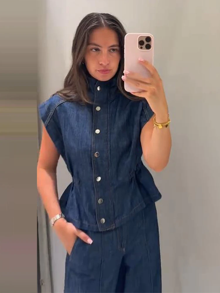 Ärmelloses Jeanswesten-Hosen-Set für Damen mit elastischem Bund, Stehkragen-Oberteil mit Knopfleiste und gerader Hose – Schickes Streetwear-Outfit für die moderne Dame – Detail 9
