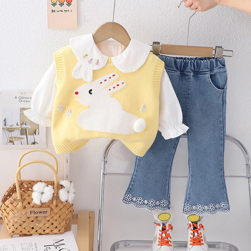 Spring Baby Girls Clothing Sets Children Knitted Vest Shirt Floral Jeans Infant Princess Clothes Cartoon Rabbit Kids Outfits