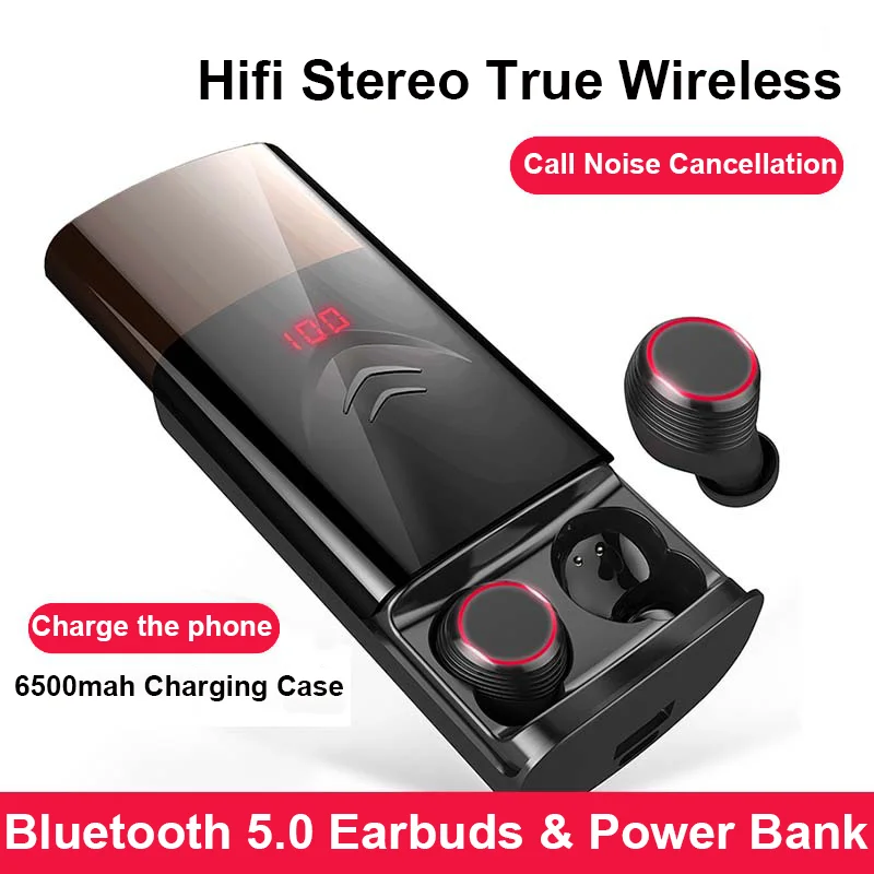 Airoha Bluetooth 5.0 Chip Earphones 6500mAh Charging Box Power Bank HiFi 9D Stereo TypeC Headset In Ear Sport Waterproof Earbuds