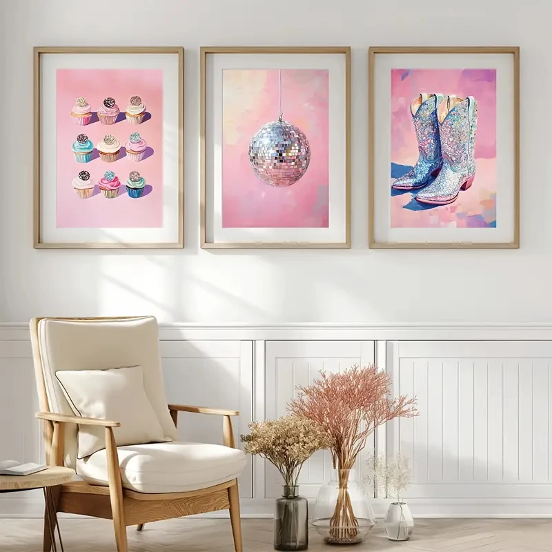 3pcs/Set Abstract Pink Disco Ball Boots Cupcakes Fashionable Wall, Artistic Mirror Balls, Canvas Posters, Modern Home Decoration - view 3