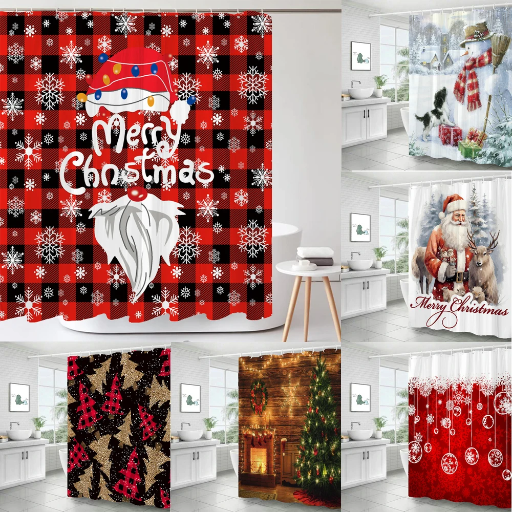 

Christmas shower curtain Santa Claus Print bathroom waterproof shower curtains Merry Christmas home decor curtain with hooks