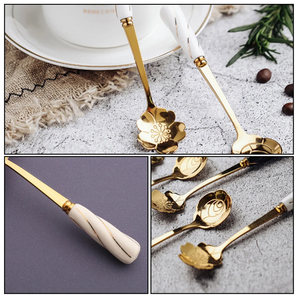 

4 Pcs Ceramic Handle Spoons Shaped Halloween Sundae Stainless Steel Dad Dessert