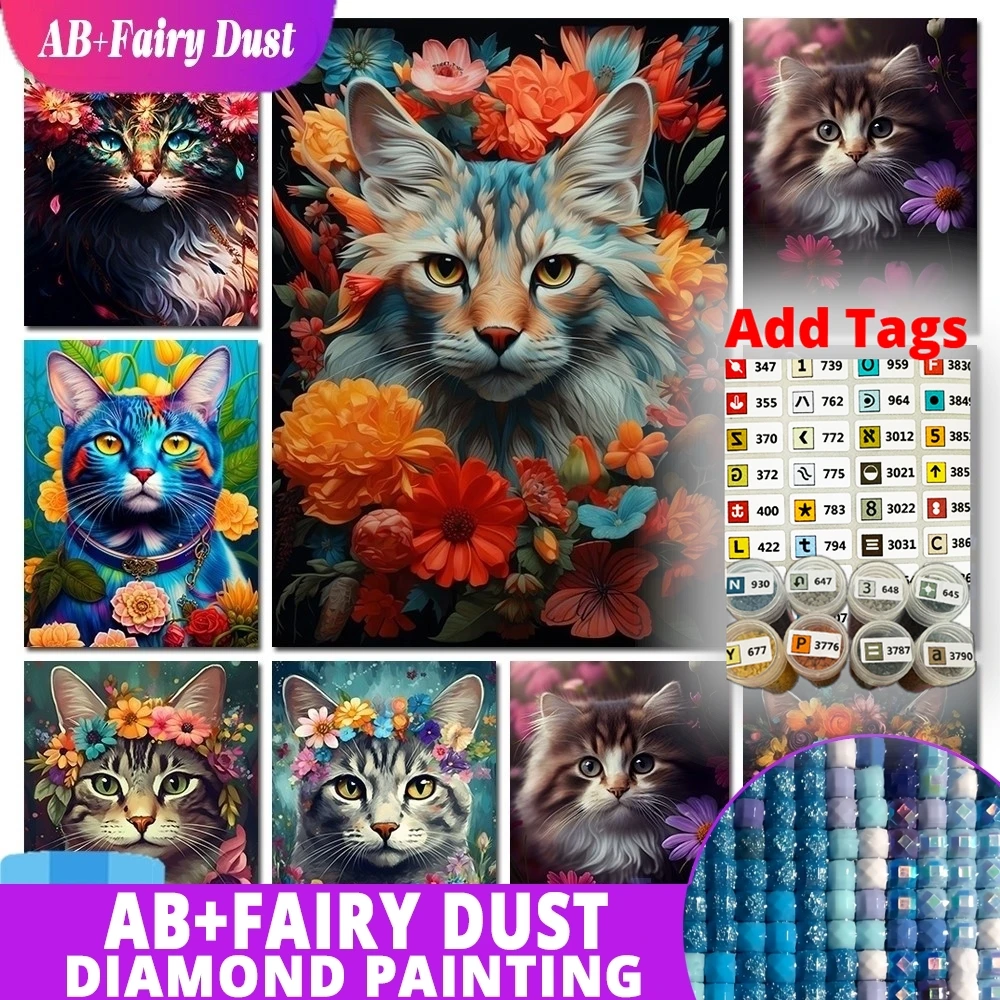 

С наклейкой с символом AB, сказочная пыль, мозаика, кошка в букете с цветами, новая коллекция 2024, 5D алмазная живопись, мечта, животное, вышивка крестом