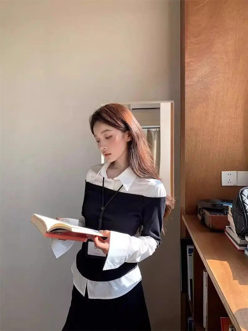 

Slim Fit Long Sve irt Women's Faion Korean Sle Color Blo Collar Design Autumn New Arrival Slimming Top