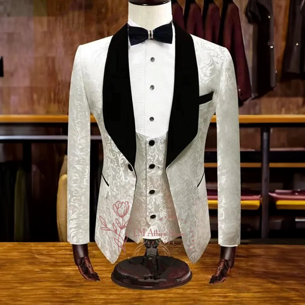 

Men Suits for Groom 3-Piece Modern White Jacquard Velvet Shawl Laple Blazer Vest Black Pants Set Wedding Party Custom Tuxedo