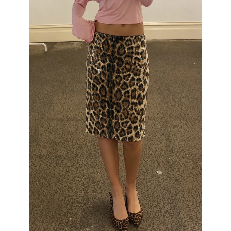 Y2K American Retro Sequin Leopard Print Bodycon Midi Skirt Low Rise Slim Elegant Women Half Skirt