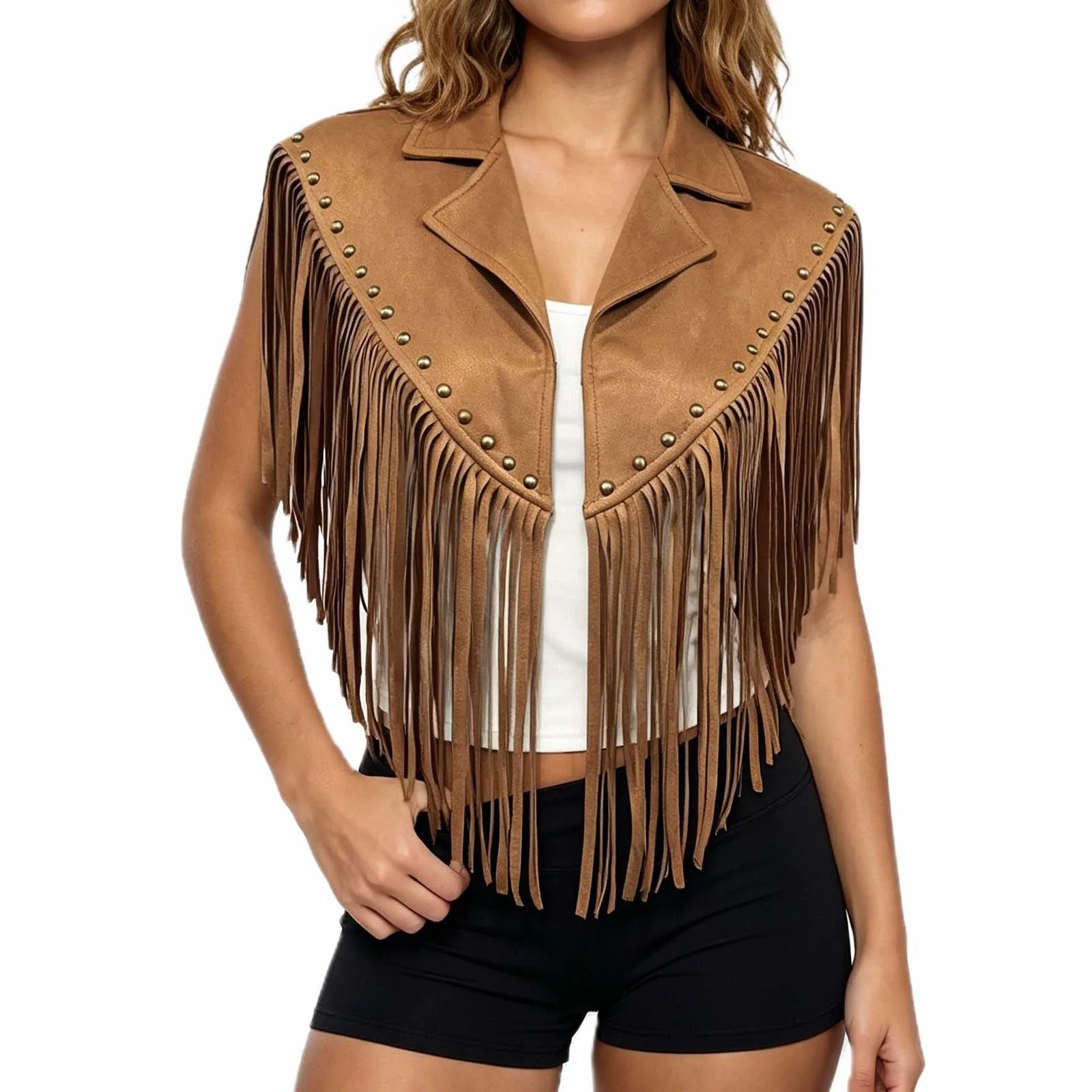 Women Vest Sleeveless Lapel Collar Riveted Tasseled Irregular Outwear Gilet