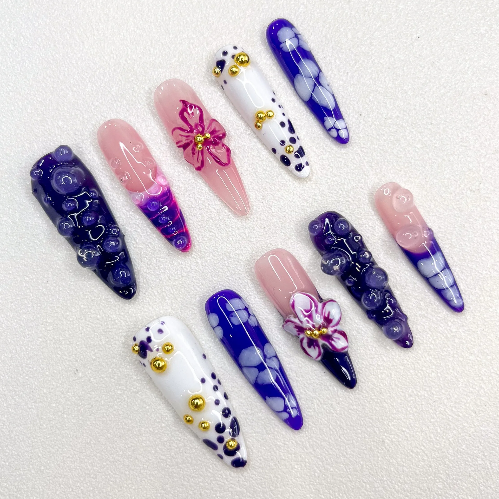 3D Long Special-shaped Purple Series Mandarin Duck Gold Embellishment Advanced Press on Nails Send Manicure Kit False Nails