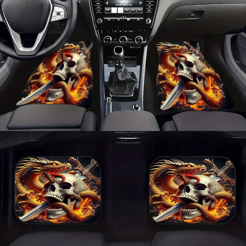 4pcs Flame Skull Dragon Pattern Car Floor Mat Set, Crystal Velvet Anti-Slip Mat, 4pcs Decorate The Interior Space, Effectively C