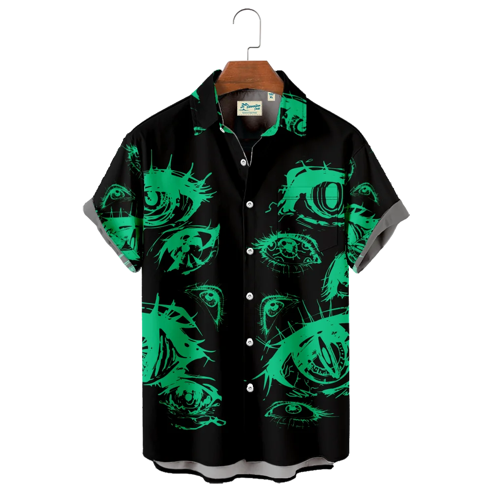 

Big Size Eyes Print Shirt New Hawaiian Collection Beach Style Men's Characteristic Print Cuban Collar Short Sleeve Shirt