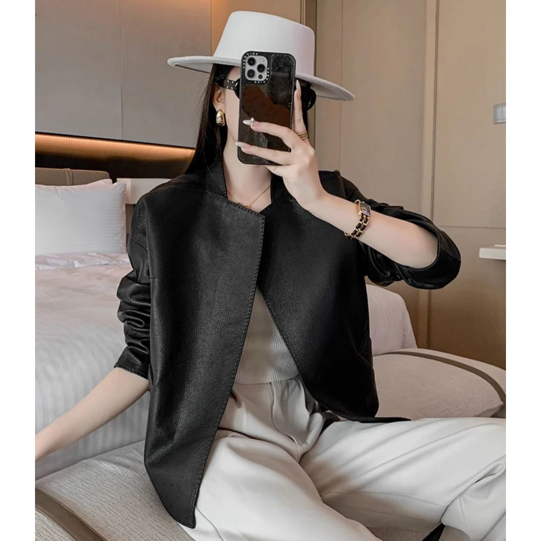 Stand Collar Faux Leather Jacket Women With Waist Belt Loose Irregular Hem PU Coat Elegant Office Lady Autumn Outerwear
