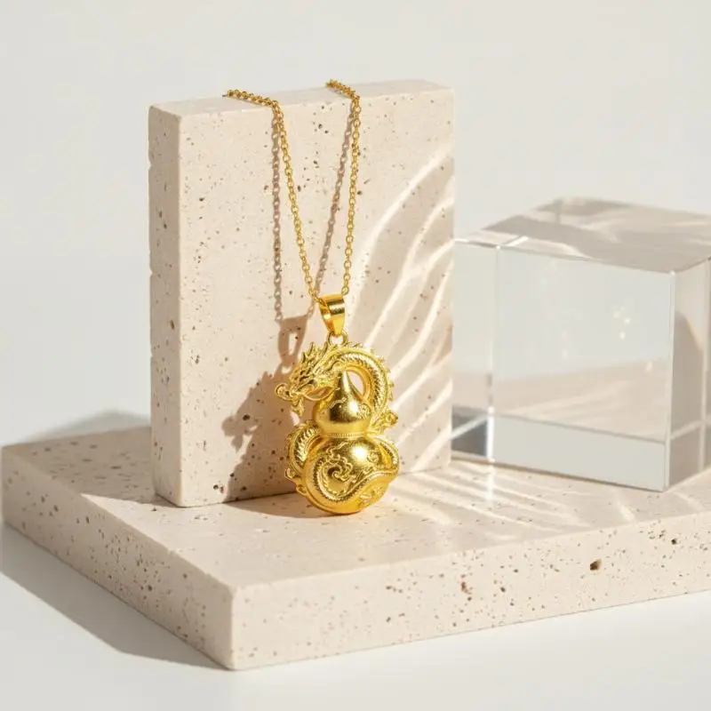 Gold Dragon Gourd Pendant Necklace With Intricate Carvings Auspicious Symbolism Perfect For Daily Wear Gifting Jewelry