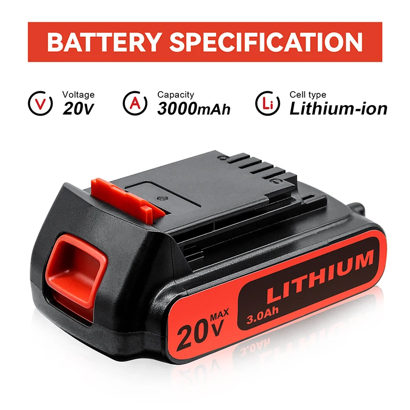 For BLACK & DECKER 20V 3000mAh Rechargeable Lithium Battery for LB20 LBX20 LBXR20 LBXR2020 LB2X4020-OPE Power Tools and Charger