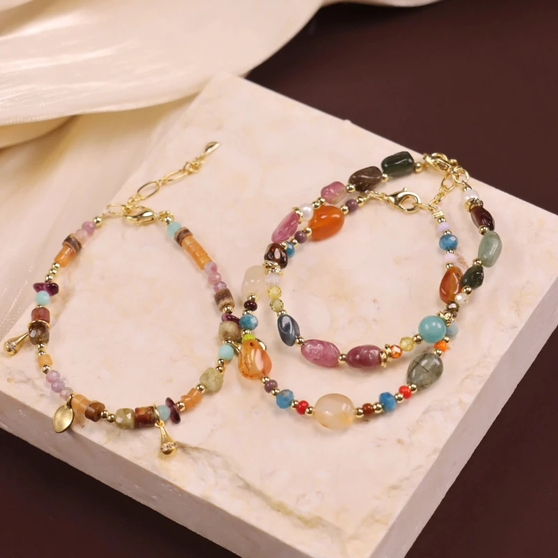 

Trendy Niche Irregular Natural Stone Beaded Rainbow Gravel Bracelet Ethnic Style Bracelet Light Luxury High-end Bracelet Women