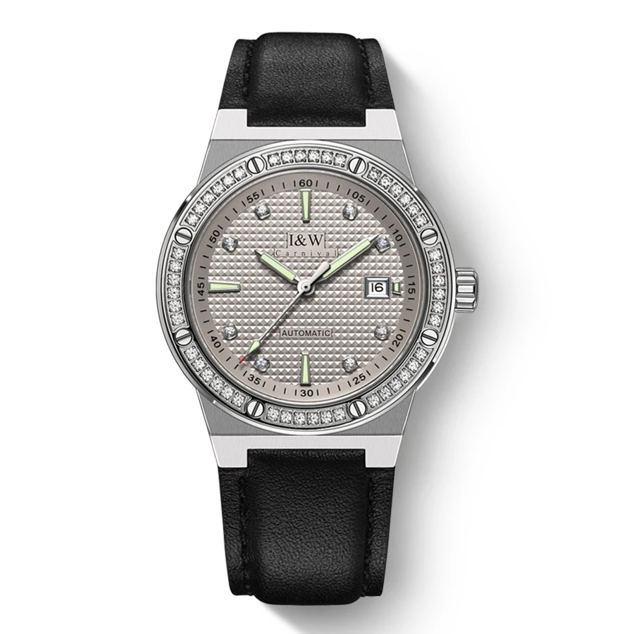 I&W Men Automatic Watch 42mm Mechanical Wristwatch 50m Waterproof Luminous Sapphire Leather Strap Crystal Bezel Grid Dial