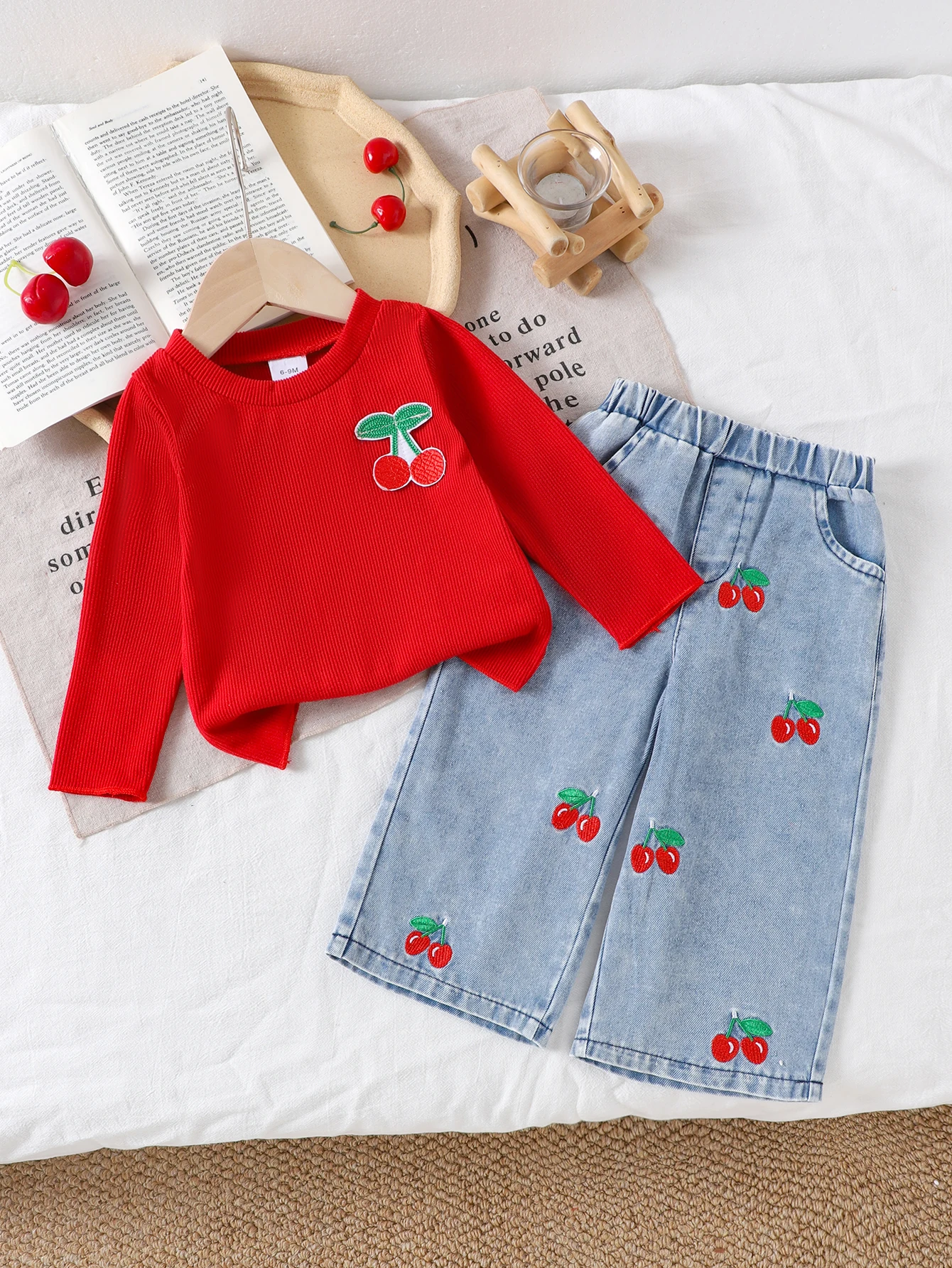 2pcs Spring and autumn new style girls 1-3 years old sweet and cute red long-sleeved top + cherry denim pants