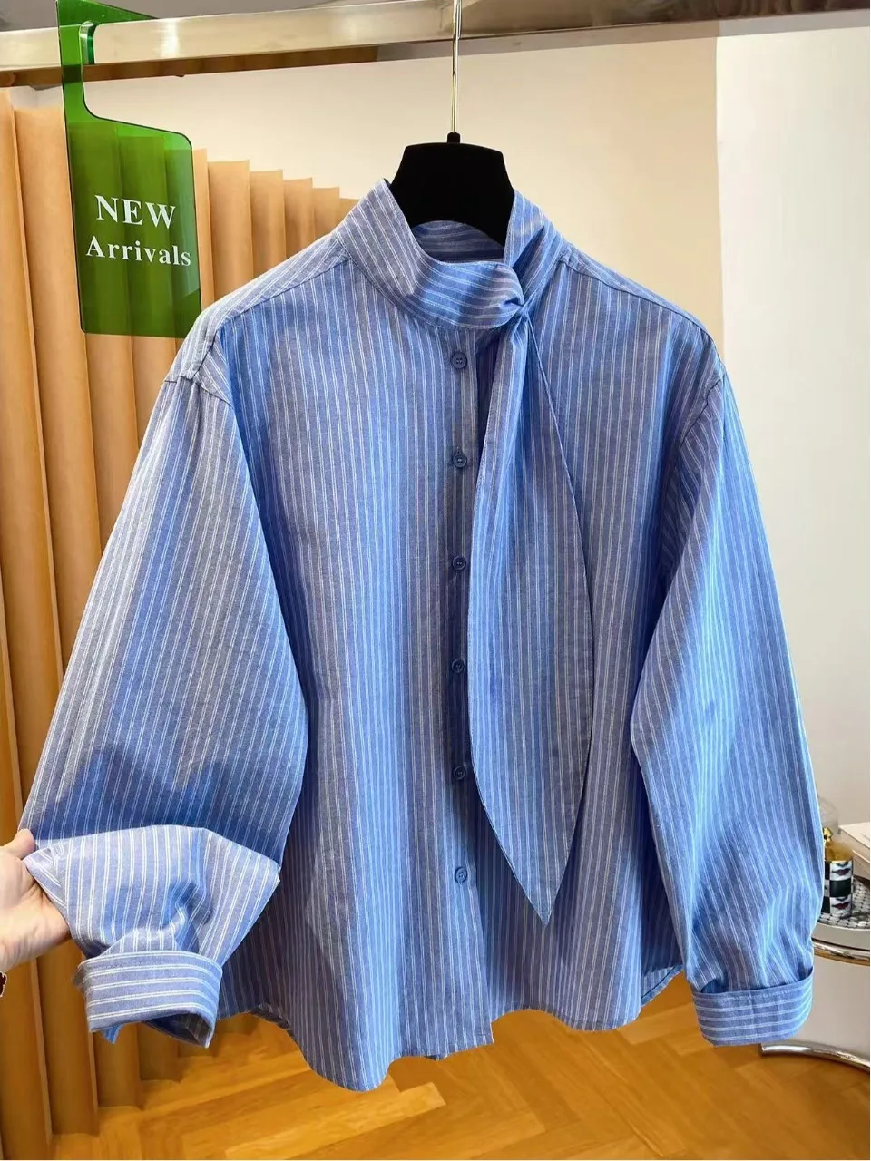 Blue Striped Loose Long Sleeve Women's Shirt Spring 2026 Fashionable Top Breathable Cotton Comfortable Fit Casual Shirt