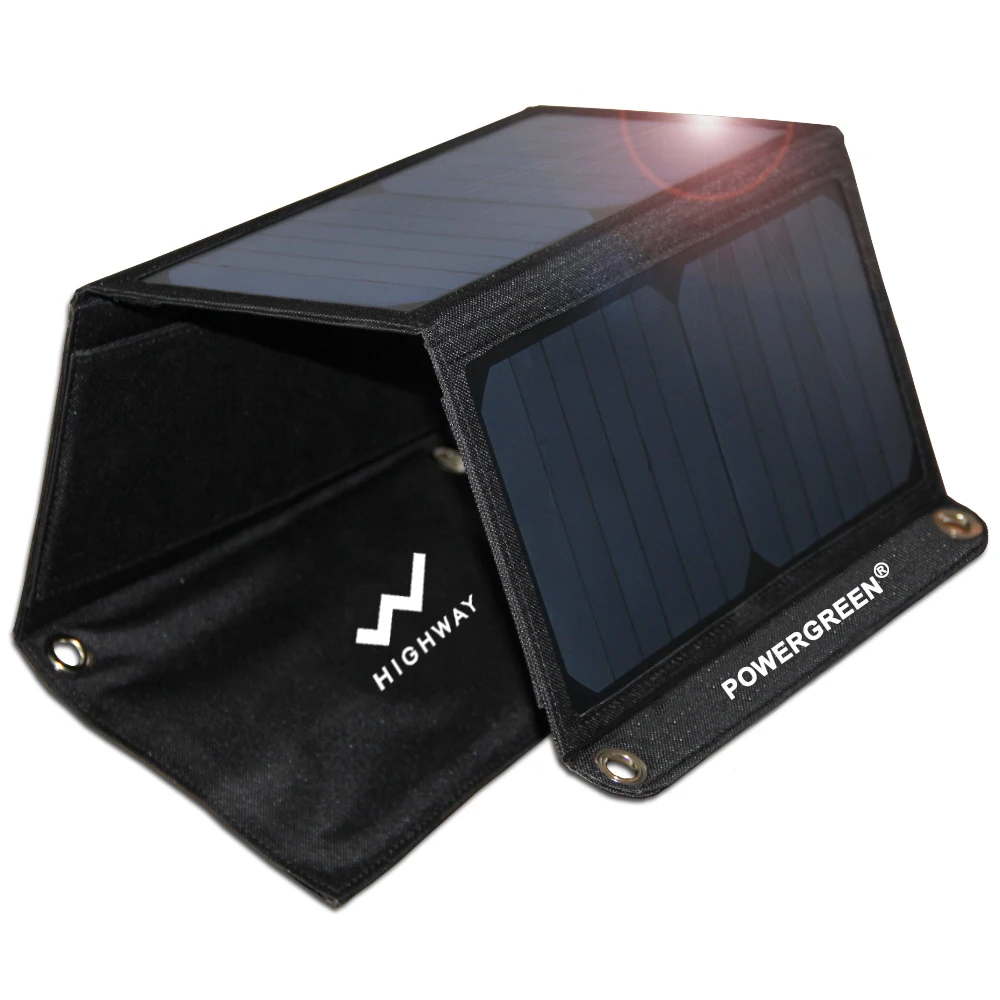 PowerGreen High Efficiency Waterproof SunPower Panels 21W Foldable Solar Charger With Dual USB Port And SOS For Outdoor Activity