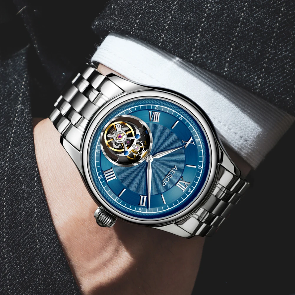 AESOP (7041G)Tourbillon Mechanical Watch 55H Power Reserve 30M Waterproof stainless steel/Genuine first-layer cowhide Strap