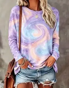 Women Long Sleeve T‑Shirt Pastel Paisley Swirl Floral Print Crew Neck Loose Casual Daily Blouse Tops