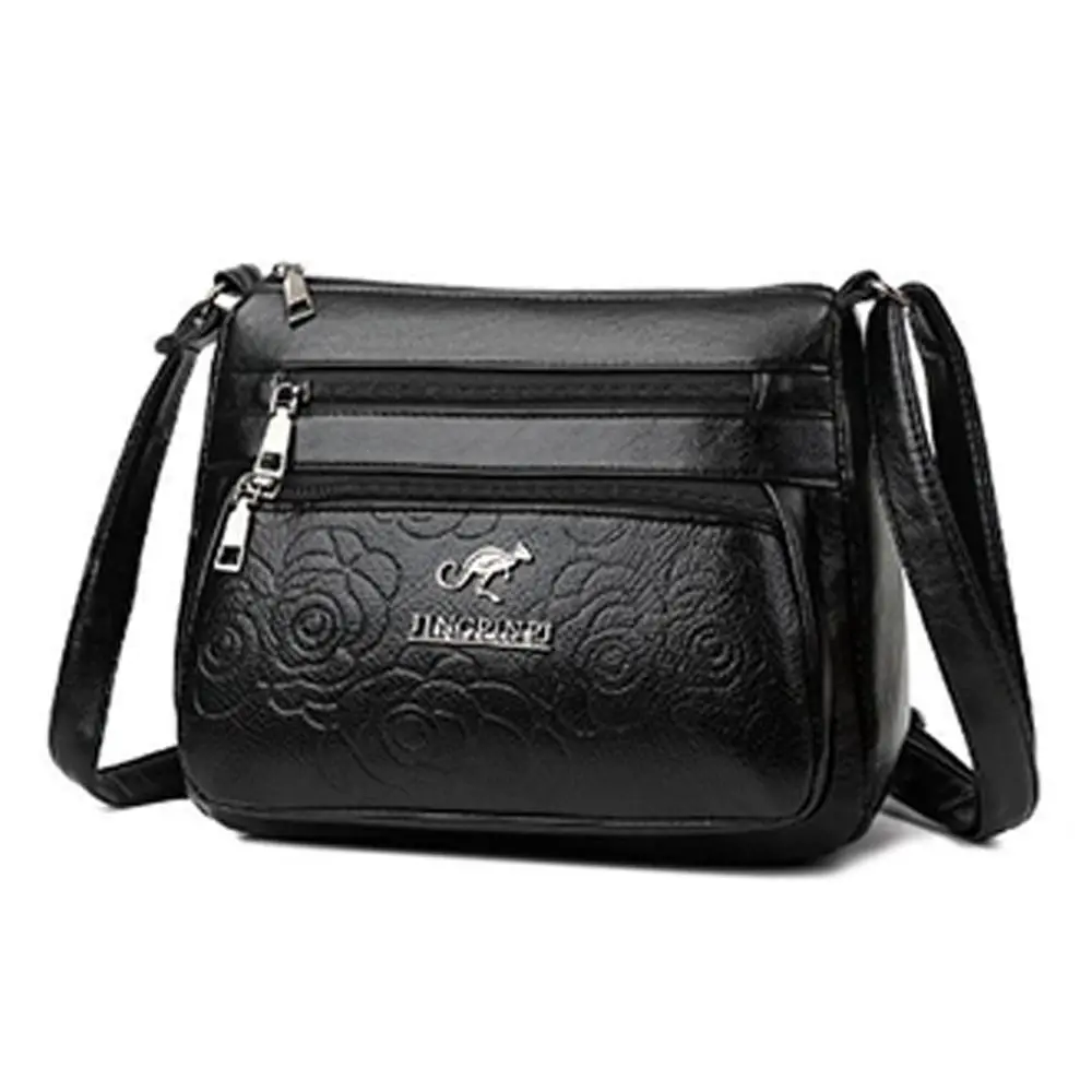 Fashion PU Leather Buying Vegetable Bag Black Multi-layer Middle-aged Mother's Bag Large Capacity Shoulder Messenger Bag Woman