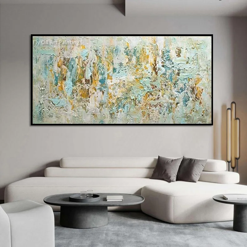 Special Blue Yellow White Flowers Canvas Artwork New Simple Large Handpainted Green Beige Oil Painting For Living Room Decor