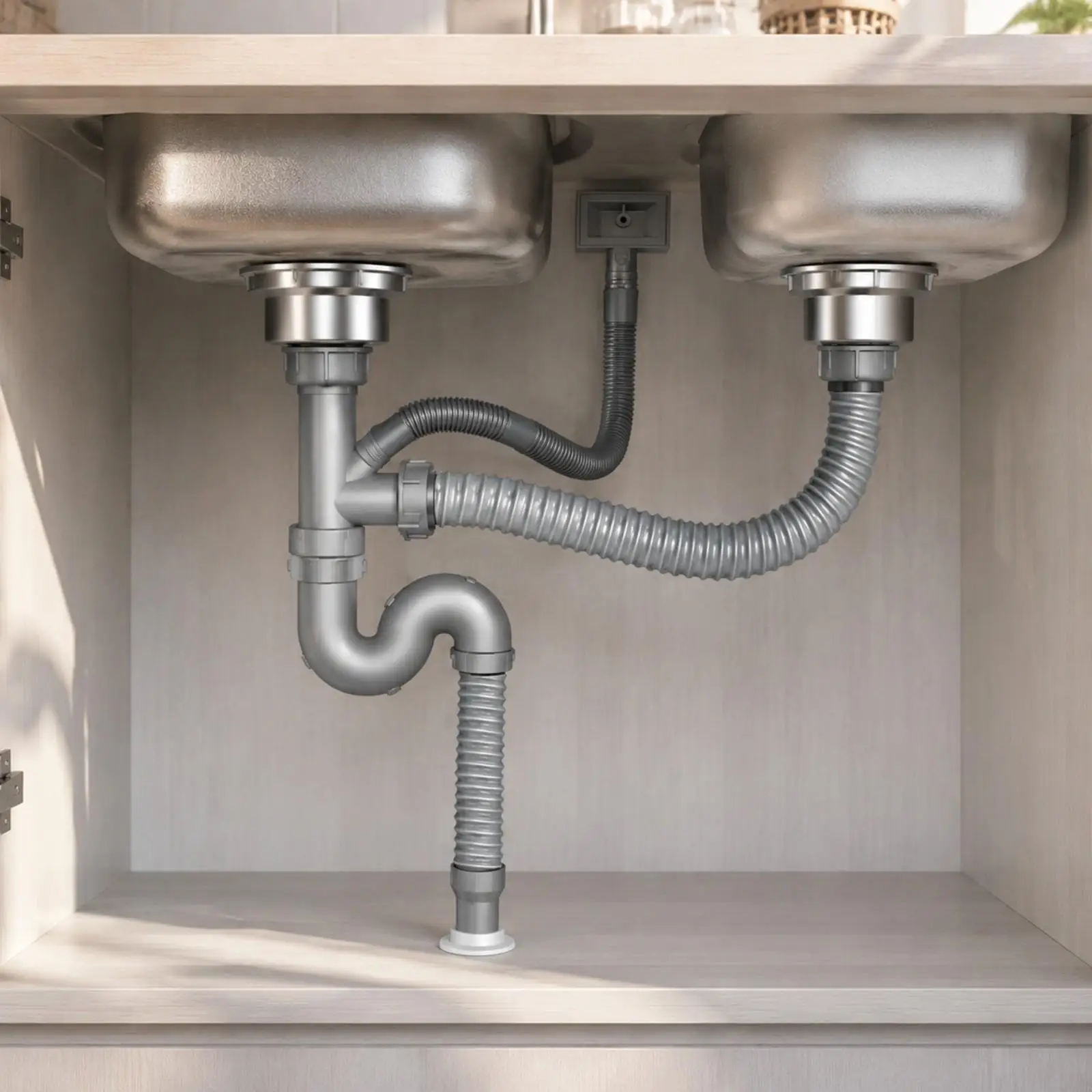 Double Kitchen Sink Drain Kit with S Bend Flexible Hose 40 42 50cm Leak Resistant Connectors for Dual Basin Setup