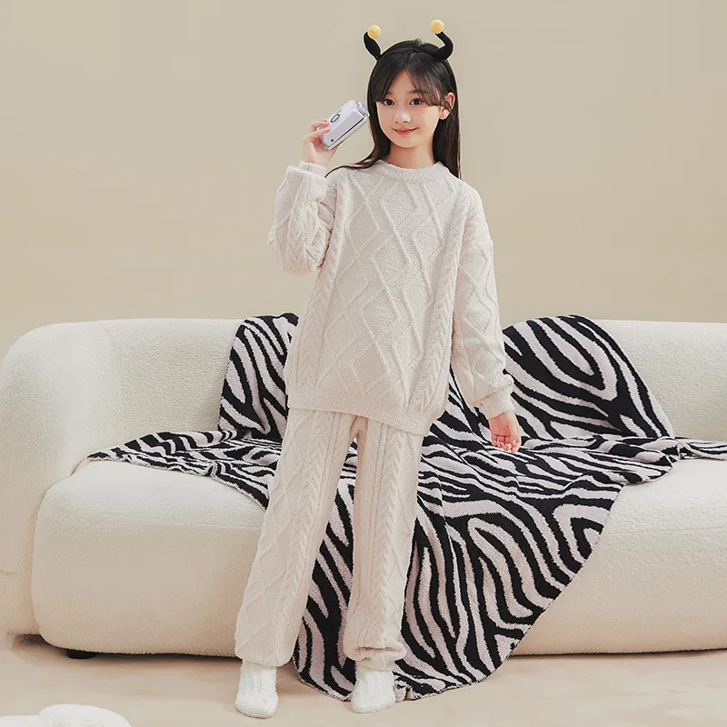 Autumn Winter Children Girl Clothing Pajamas Set School Girl Thick Flannel Fleece Pullovers Warm Pants Sleeping Clothing Sets