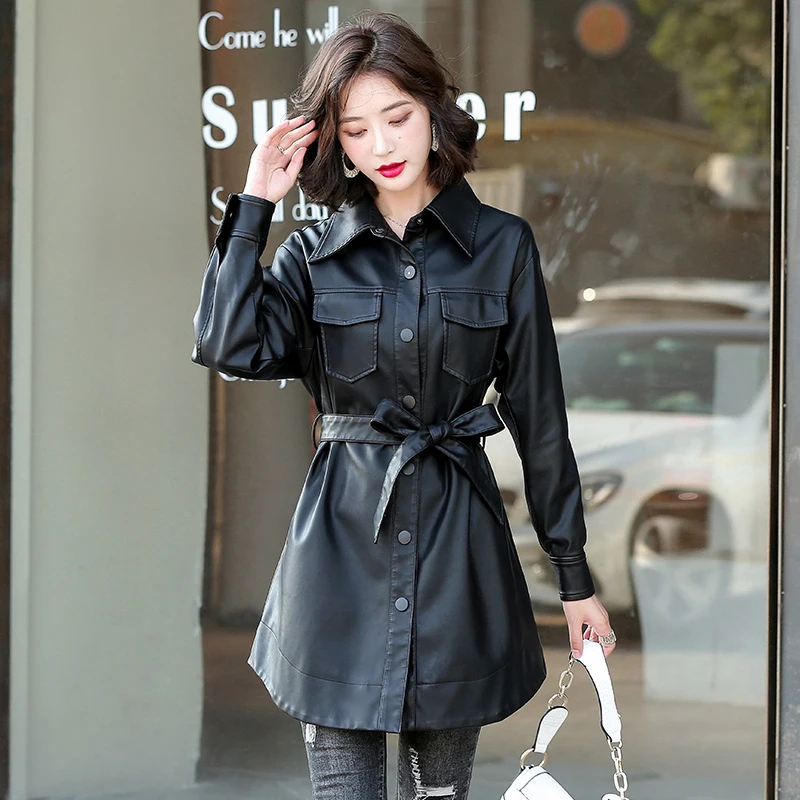 

Pop Women Genuine Leather Trench Coat Spring Nice Fashion Turn-down Collar Single Breasted Medium Long Sheepskin Coat Black Coat