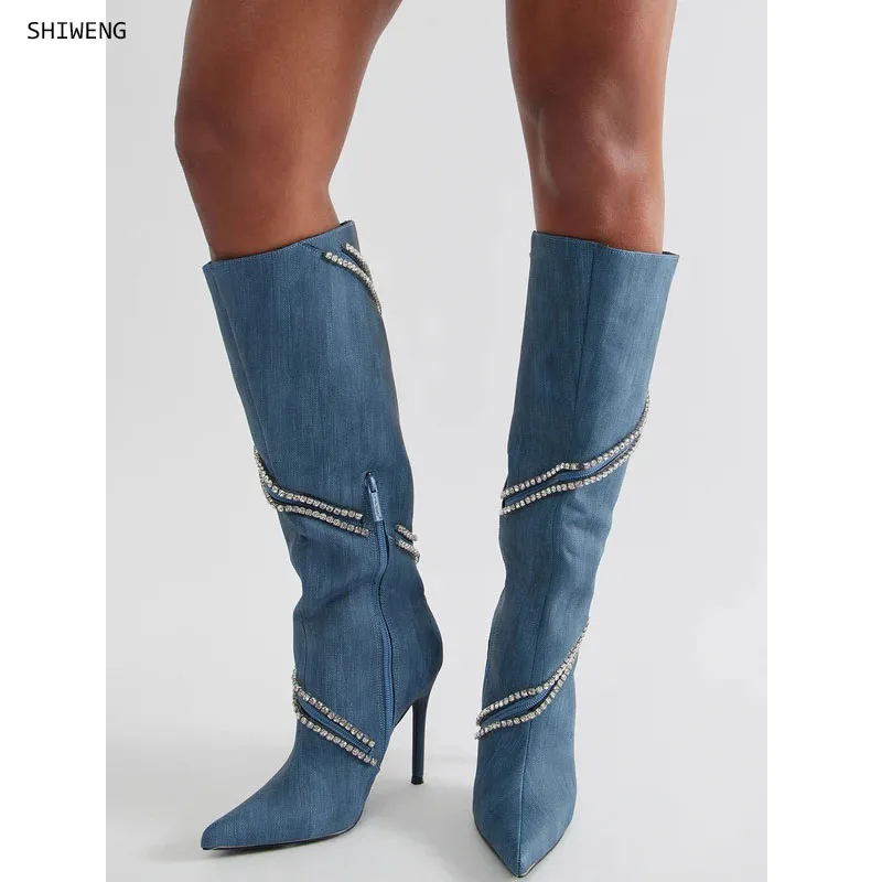 

Fashion Crystal Gem Rivet Women Autumn Winter Shoes Zip Heel Boots Sexy Pointed Toe Party Stripper Heels Booties