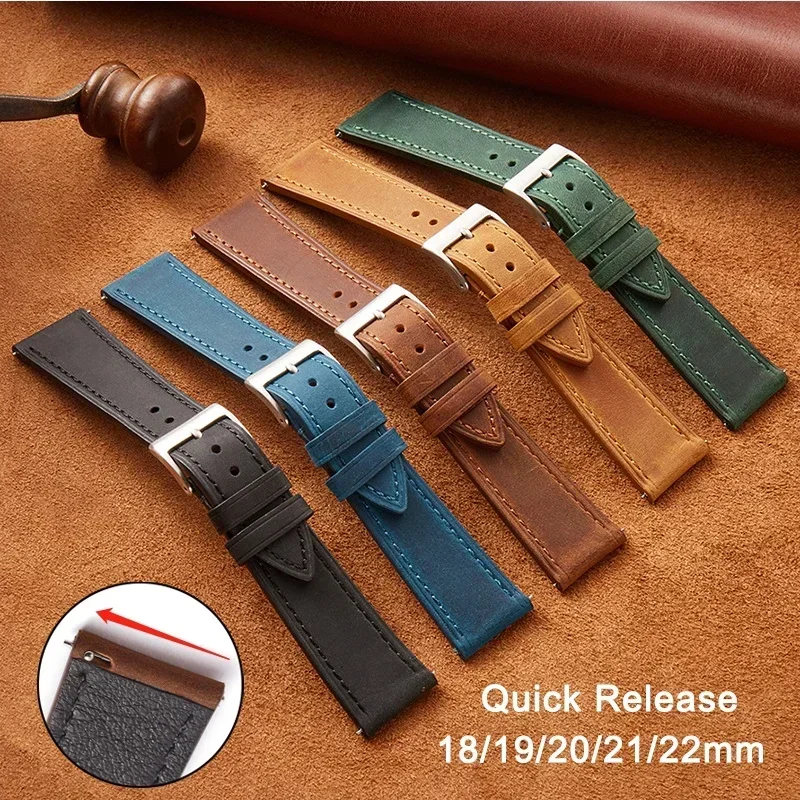 18mm 19mm 20mm 21mm 22mm Vintage Leather Watch Band Strap for Huawei Bracelet Universal Quick Release Soft Wristband