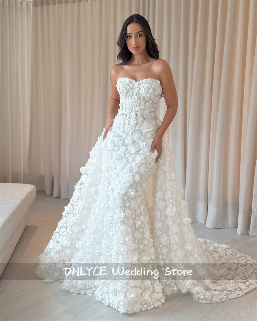 ชุดแต่งงานสีขาวประดับดอกไม้ 3 มิติ ผูกเชือกด้านหลัง ยาวกรอมพื้น ชุดเจ้าสาวแบบสั่งตัด ชุดราตรีสำหรับงานเลี้ยง