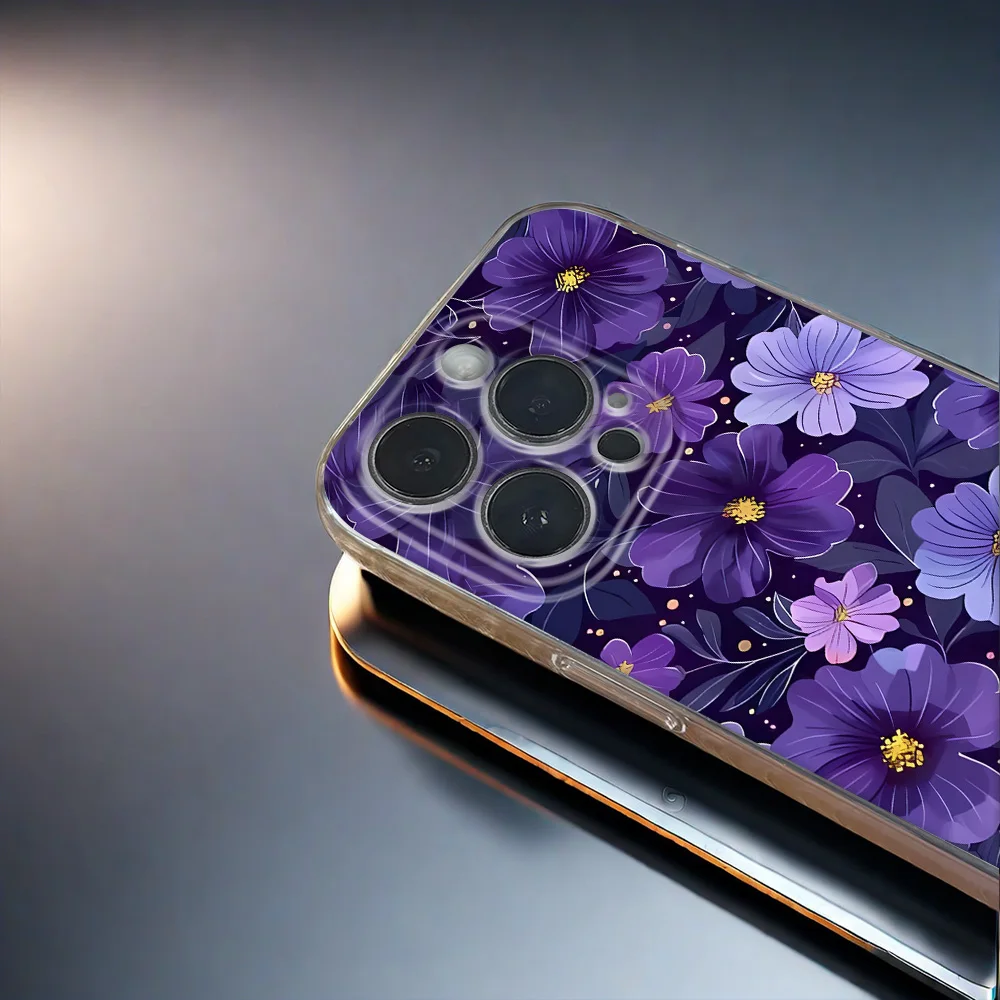 حافظة زهور Purpul لهاتف آيفون 13 حافظة آيفون 15 11 12 13 14 16 برو ماكس 16E 14 15 Plus iPhone16 غطاء سيليكون شفاف Funda